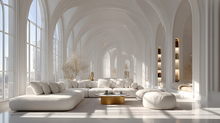 Large luxury modern bright interiors Living room mockup illustration 3D rendering image