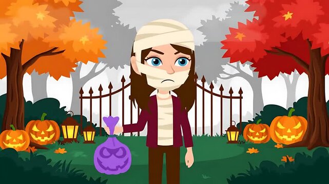 Animated video of a kid dressed as a mummy holding a bag of candy on Halloween night with pumpkins and trees in the background for a holiday video