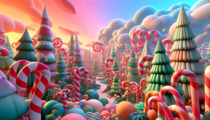 A fantasy candy land filled with icing trees and candy canes, amidst the warm, dreamy sunlight.