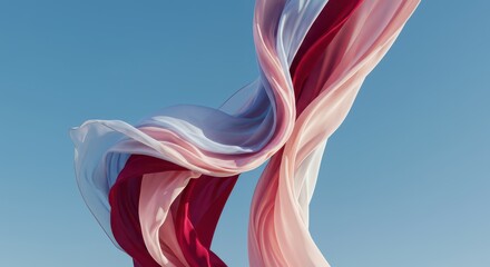 Obraz premium Flowing, sheer fabrics of various colors like red, pink, and blue gently float against a cloudless, bright, and serene blue sky, creating an elegant and airy composition.