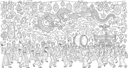 Vibrant Asian Festival Parade: Intricate Dragon, Drum, and Lantern Celebration