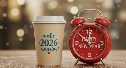 New year 2026 coffee cup and retro alarm clock concept