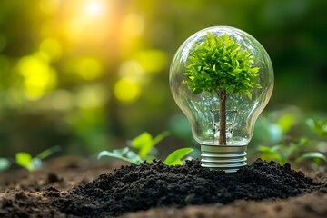 A tiny sapling thriving inside a lightbulb, symbolizing the growth of renewable energy and a sustainable future, bathed in warm sunlight and a softly blurred natural background.