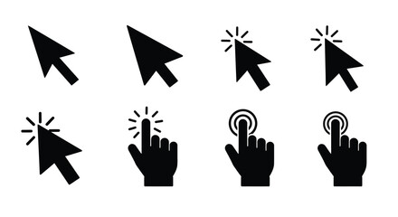 Collection of various black cursor and hand icons on white background
