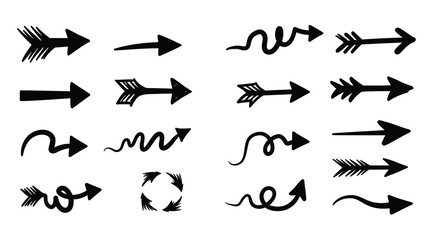 Collection of various black arrow designs and decorative pointing elements