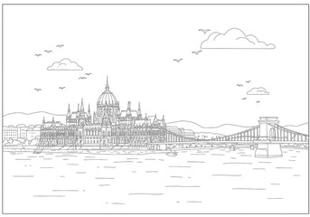 Fototapeta premium Budapest skyline Parliament building Széchenyi Chain Bridge over the Danube River under clouds and birds