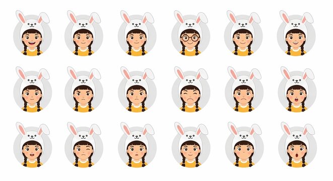 Young girl wearing a cute bunny rabbit ear headband displaying various human emotions including happiness sadness anger surprise and confusion in a collection of circular avatars for digital
