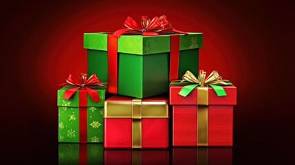 Obraz premium Christmas Gift Boxes Stack with Red Ribbons: Vibrant Green Wrapped Presents, Glossy Satin Ribbons, Bold Red Gradient Background, Smooth Green Surface