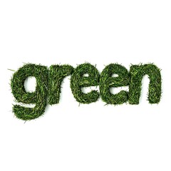 Lush green grass forming the word "green" a vibrant symbol of nature's beauty and environmental awareness against a clean white background.