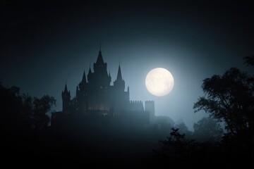 Mysterious Citadel Veiled in Fog Under a Bright, Luminous Moon.