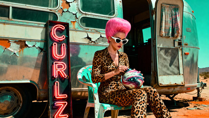A quirky, fashionable woman with pink hair and a leopard suit knits in the desert. A vintage trailer and a neon sign complete this surreal, retro scene.