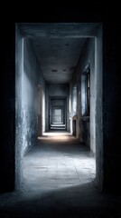 Obraz premium Stunning photo of long dark hallway with light at the end of the tunnel in old building.