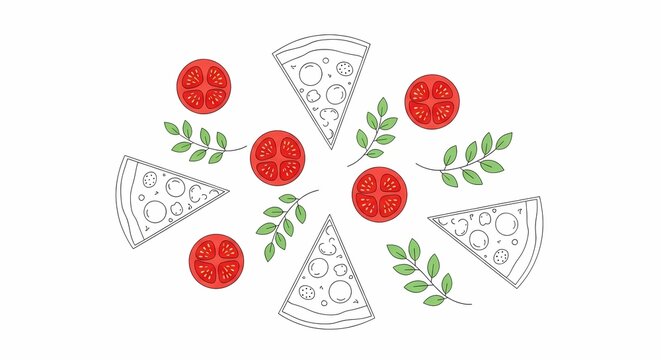 Italian food concept featuring hand drawn slices of cheese pizza paired with fresh red tomato rounds and green aromatic basil herbs arranged in a festive pattern for culinary creative menu