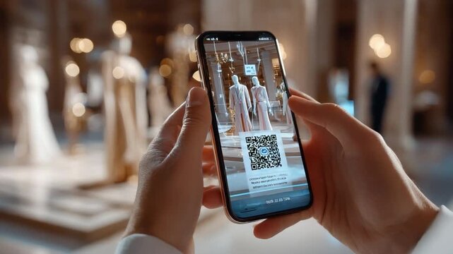 Augmented Museum Experience: A person's hands delicately hold a mobile phone within a grand museum, the screen showcasing an augmented reality experience that brings the artifacts to life.