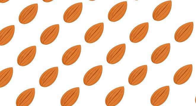 Rows of natural almond nuts displayed in a repeating pattern that highlights the raw food texture and organic shape of these healthy snacks harvested from orchards for nutritional diet