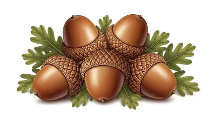 Detailed illustration of acorns and oak leaves isolated on white background.