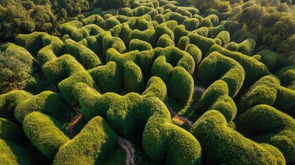 Fototapeta premium Exploring the beauty of an intricate hedge maze in a vibrant green landscape