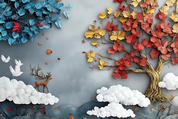 A serene autumnal landscape featuring a majestic deer beneath papercrafted trees, fluffy clouds, and graceful birds; soft muted tones and elegant paper art style.