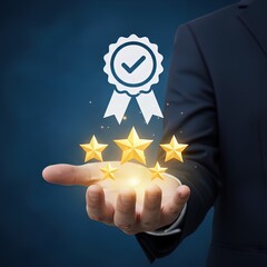 Businessman Hand Holding Glowing Golden Five Stars with a Verified Quality Certification Badge, Symbolizing Excellent Service and Customer Satisfaction