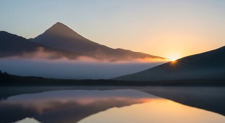 Misty mountain landscape at sunrise evoking deep contemplation, minimalist and classic style