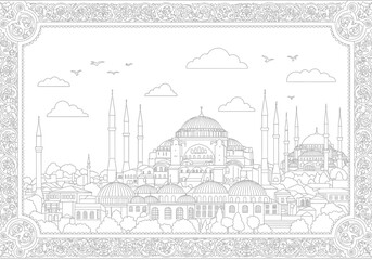 Line art of Istanbul skyline with domes minarets clouds birds framed by ornate floral borders
