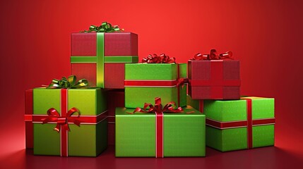 Obraz premium Christmas Gift Boxes Stack with Red Ribbons: Vibrant Green Wrapped Presents, Glossy Satin Ribbons, Bold Red Gradient Background, Smooth Green Surface