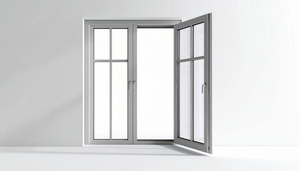 Brightly lit, minimalist interior scene showcases an open window casting a soft, subtle shadow across a pristine, white wall.