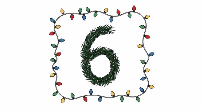 Number six shaped from evergreen pine needles framed with colorful glowing holiday light bulb string garland for winter season festivities and joyful merry seasonal celebration party decor ideas