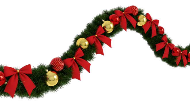 Festive christmas garland with red bows and ornaments, isolated on transparent background, perfect for holiday decorations, adding a touch of elegance and cheer to your seasonal designs