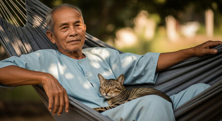 Portrait of a happy senior Asian man relaxing in a hammock outdoors, sharing a peaceful moment with a cute tabby kitten sleeping on his lap
