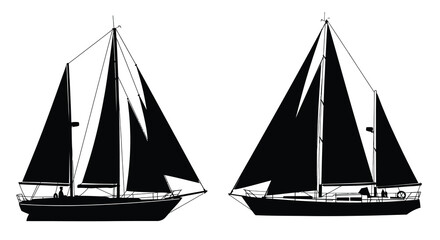 Two sailing yachts depicted in a black and white silhouette style