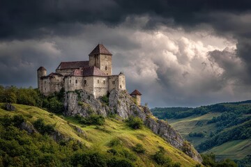 Majestic Medieval Castle Perched Dramatically on a Verdant Hill Under a Stormy, Dramatic Sky.