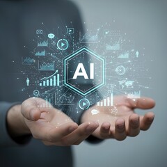Hands Presenting Ai Concept, Intricate Digital Network, Futuristic Artificial Intelligence, Data Visualization, Connectivity, Machine Learning, Technological Innovation, Global Data