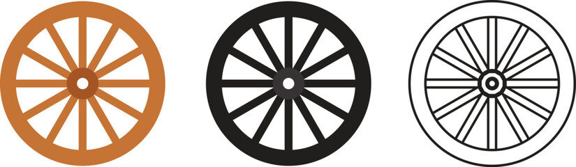 Fototapeta premium Wooden Wagon Wheel Vector Icon Set . Spoked Cart Wheel Symbols