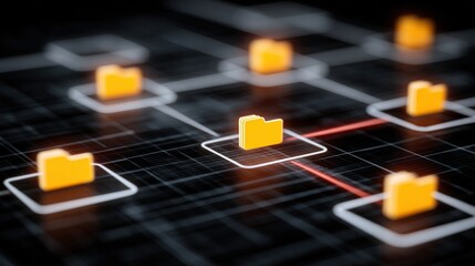 Abstract network grid with files and folders, futuristic software interface, digital document management system, store, search and organize documents, corporate business, paperless office	