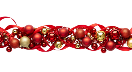 A festive border of red and gold christmas ornaments with red ribbon isolated on transparent background, creating a vibrant and elegant holiday decoration for cards, banners, and other seasonal design
