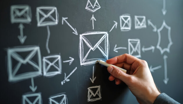 Hand draws email marketing flowchart on chalkboard. Shows process flow for automated campaigns, customer journey, segmentation, and lead nurturing strategies for business growth.