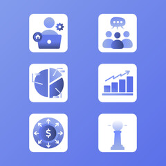 A set of blue icons with a dollar sign and a chess piece