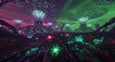 Enchanting alien landscape with glowing flora and bioluminescent trees under a vibrant, surreal sky