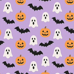 Seamless Halloween pattern with ghosts pumpkins and bats on purple pastel background, flat seasonal decoration