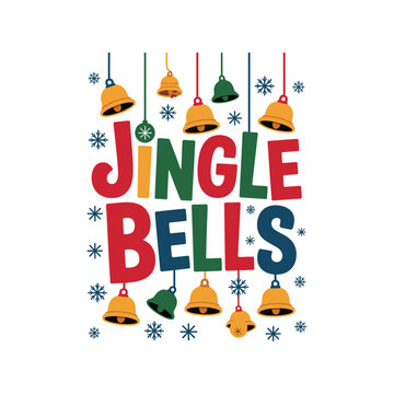 Merry christmas typography design with jingle bells and snowflakes festive apparel graphic