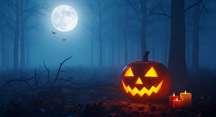 Fototapeta premium Spooky Halloween pumpkin in a foggy forest at night