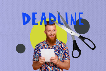 Collage of busy person with book laptop smartphone scissors tablet clock symbolizing deadline...