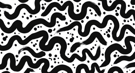 Fototapeta premium Abstract monochrome artwork showcases bold, wavy brushstrokes interspersed with small splatters across a white backdrop, creating a modern pattern design with a minimalist aesthetic, suitable for...
