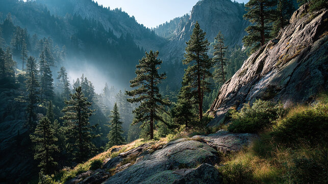 Misty mountain landscape with pine trees and rocky terrain. - Powered by Adobe