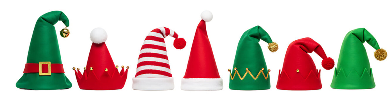 Collection of festive elf hats red and green holiday headwear isolated on a white background