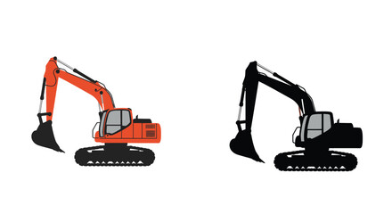 Illustrations of heavy machinery excavators in color and monochrome styles