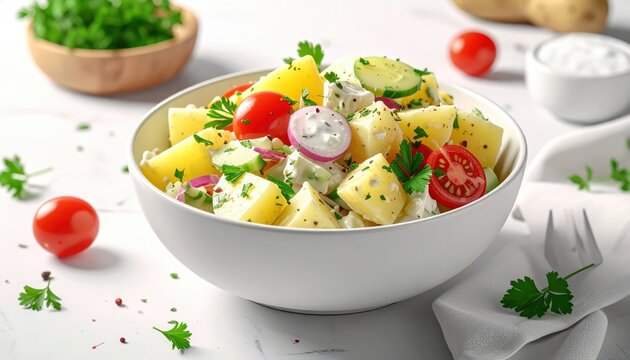 Delicious potato salad is displayed in a white bowl, featuring cubed potatoes, ripe tomatoes, sliced cucumbers, red onions, and fresh parsley.
