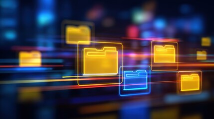 Abstract network grid with files and folders, futuristic software interface, digital document management system, store, search and organize documents, corporate business, paperless office	