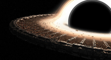 Massive ringworld city orbits a terrifying black hole, science fiction concept art showcasing advanced civilization and cosmic wonder.